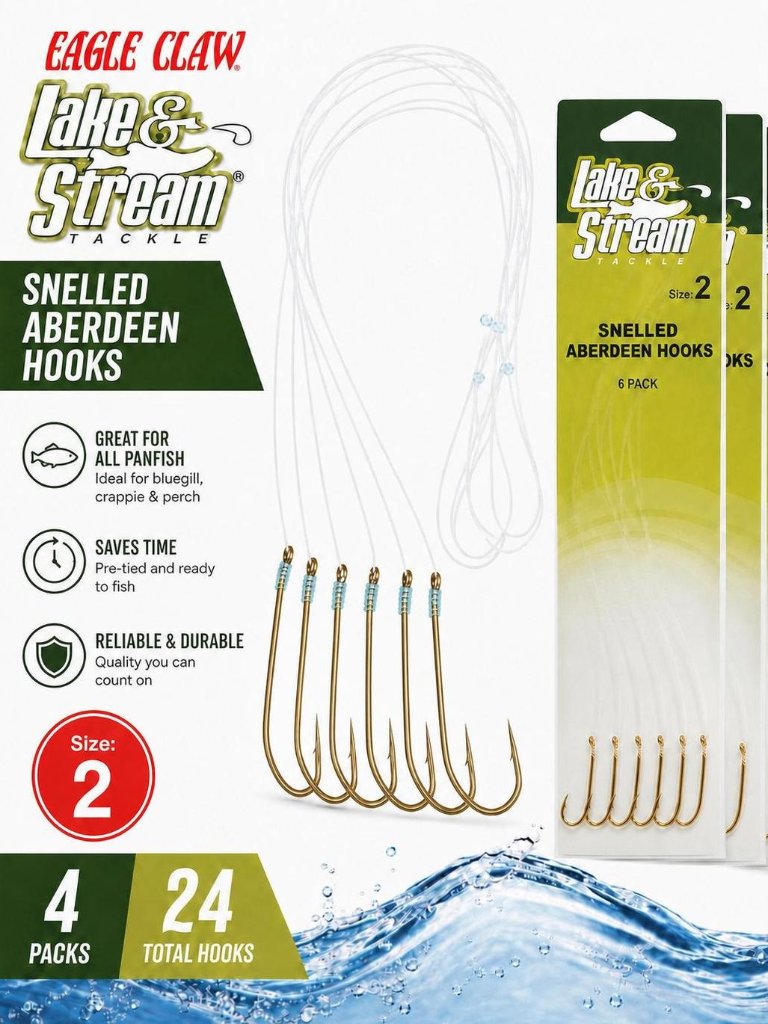 4 Packs Of 6 Eagle Claw Lake & Stream Snelled Aberdeen Hooks Size 2 - 24 Total